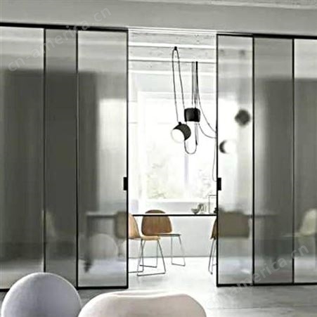 定制现代简约书房阳台推拉门 玻璃移门 铝合金黑色窄边框厨房门