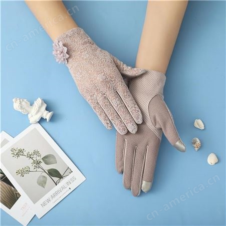 女防滑可触屏手套 厂家生产 弹力透气防晒手套 触屏蕾丝手套