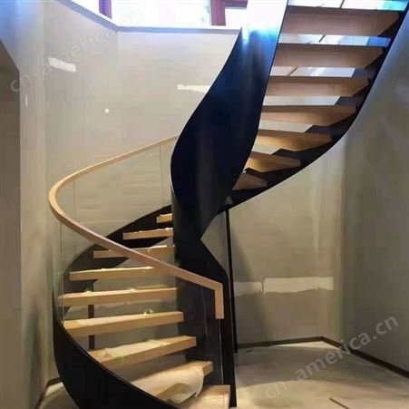 钢木旋转 双梁式重型卷板楼梯 室内楼梯定制实木 复式楼梯