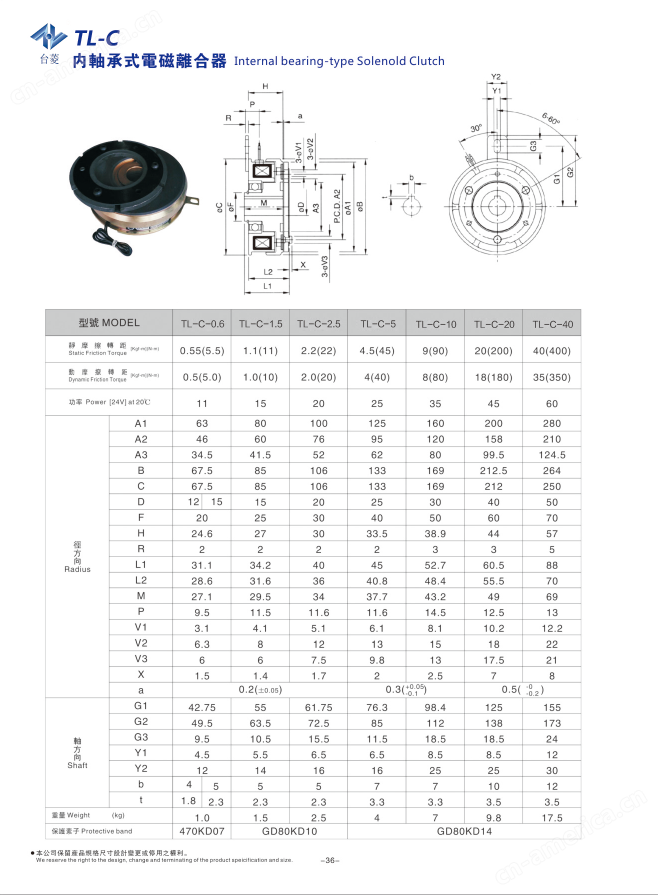 内轴承式电磁离合器TL-C型规格型号尺寸参数表